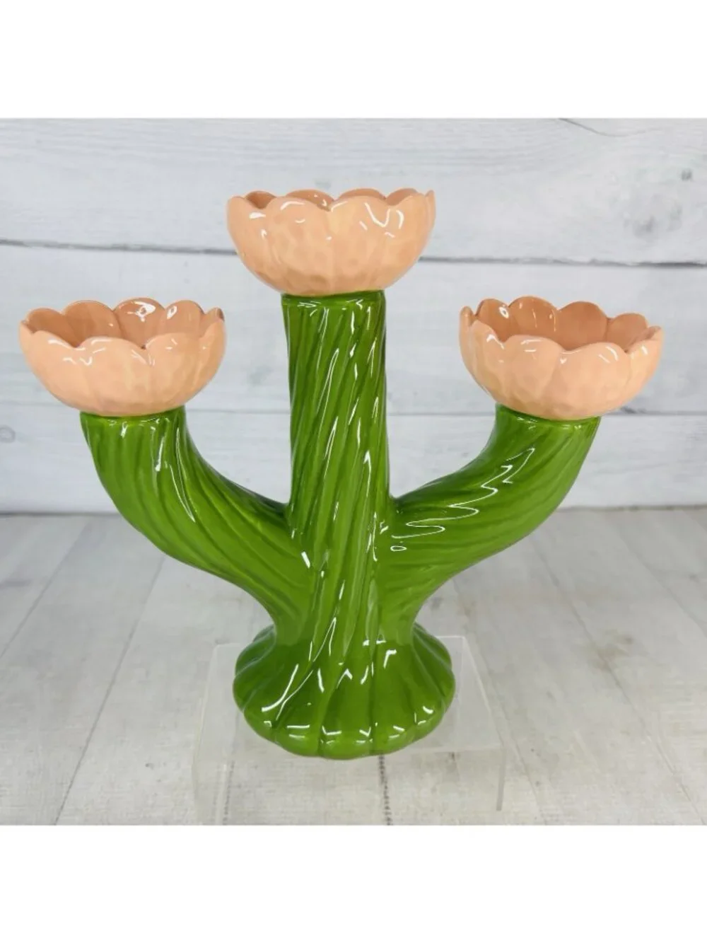 Threshold Target GREEN CACTUS Peach Flowers Ceramic Candle Holders Candelabra